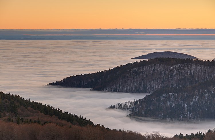 Туман на восходе солнца в долине реки Саворёза, вид с горы Баллон д'Альзас (Франция)