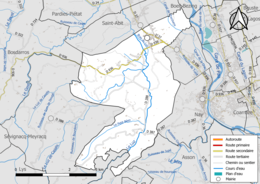 Carte en couleur présentant le réseau hydrographique de la commune