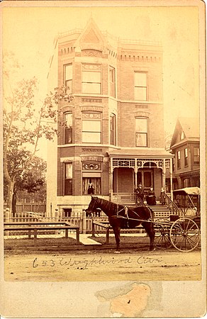 This is an 1880's photo of 653 W Wrightwood (now 655 W Wrightwood) in the Lincoln Park Neighborhood of Chicago, Illinois. Note the wooden sidewalk, dirt road and lack of buildings surrounding the edifice.