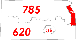 Map of Kansas with area code 913 in Red
