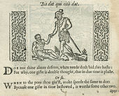 Facsimilé de page avec emblème xylographié représentant un mendiant et un homme qui passe
