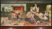 John Kay inventor of the Fly Shuttle AD 1753, by Ford Madox Brown, depicting the inventor John Kay kissing his wife goodbye as men carry him away from his home to escape a mob angry about his labour-saving mechanical loom. Compensation effects were not widely understood at this time. BrownManchesterMuralJohnKay.jpg