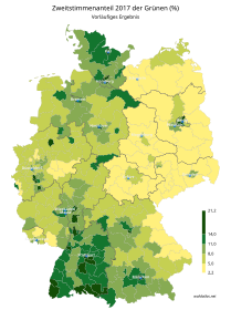 Vorläufiges Ergebnis der Bundestagswahl 2017 in Deutschland, Zweitstimmenanteil in Prozent der Grünen