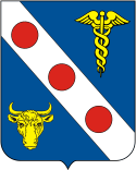 Em campo azul, uma banda de prata com três arruelas de gules, acompanhada á sinistra de um caduceu de ouro, e á destra de um encontro de boi, do mesmo.