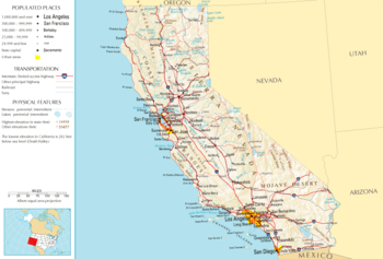 Map of California showing the primary cities a...