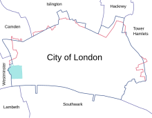 Modern borders of the City of London, showing surrounding London boroughs and the pre-1994 boundary (where changed) in red. The area covered by the Inner and Middle Temple is marked in green. City of London map 01.svg