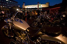 Motorcycles in front of Dinosaur Bar-B-Que in Rochester, New York