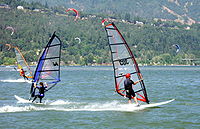 Windsurfing and kitesurfing on the Columbia River at Hood River, Oregon.