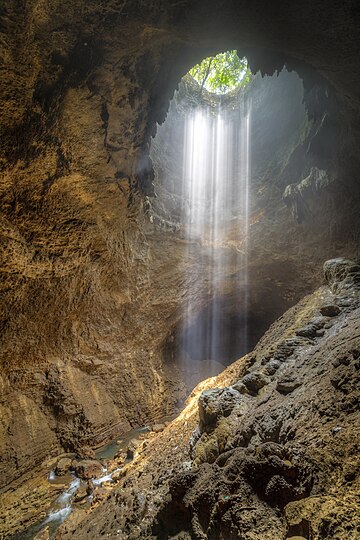 Caverna Jomblang, um algar em Joguejacarta, Indonésia. Um algar é um tipo de caverna que contém um ou mais poços verticais significativos, em vez de ser predominantemente uma passagem de caverna horizontal convencional. As cavernas de fosso geralmente se formam em calcário como resultado da erosão de longo prazo pela água. Eles podem estar abertos na superfície ou encontrados nas profundezas de cavernas horizontais. Entre os espeleólogos, um algar é uma queda vertical de qualquer profundidade que não pode ser explorada com segurança sem o uso de cordas ou escadas. (definição 4 478 × 4 478)