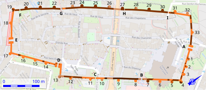 Plan d'une muraille munie de tour calqué sur un plan moderne