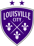 A three-sided purple shield logo with a white outline. Each of the three edges is curved, and the top edge is shorter than the left and right edges. It reads "LOUISVILLE" in large subtly-serifed white lettering that forms an arch along the top of the shield. Just below it reads "CITY" in slightly-smaller non-arched lettering. The center and bottom of the shield is occupied by two fine lines forming an X, with three fleur-de-lis symbols to the left, right, and bottom of the X. The fleur-de-lis symbols are bold and somewhat angular; in particular, the central pedal comes to a point at the top. Above the shield are two purple stars symbolizing the team's two championships.