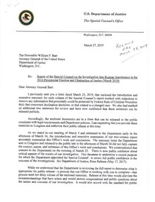 Letter from Robert Mueller III to William P. Barr objecting to Barr's characterization of the conclusions of the Mueller Report. Mueller letter to Barr 2019-03-27.pdf