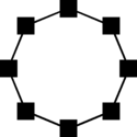 8 parolantoj interspacigite sur cirklo per 45°, enkondukanto 0°