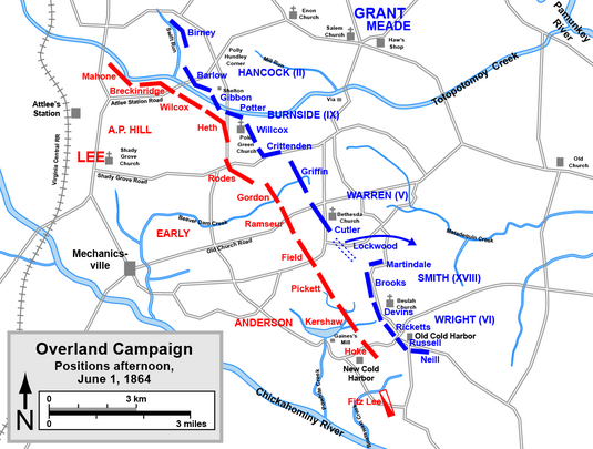 Los ejércitos posicionados (1 de junio por la mañana)      Confederación     Unión