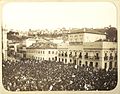 Princess Isabel is cheered from the central balcony by a crowd in the streets, moments after having signed the Golden Law, 1888