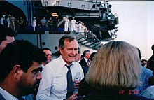 Former President Bush visits Enterprise on 5 December 1998. President George HW Bush on the USS Enterprise.jpg
