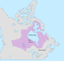 Rupert's Land, granted as a commercial monopoly to the Hudson's Bay Company in 1670 Ruperts land.svg