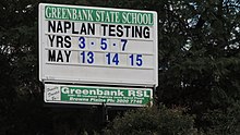 Sign announcing NAPLAN tests, Greenbank State School, 2014.JPG