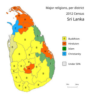 A map of Sri Lanka marking the major religion in each district, according to the 2012 Census Sri Lanka major religions per district (2012).svg