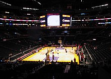 During a Lakers game prior to the installation of the new scoreboard, and after the implementation of a new lighting system Staples Center Lakers.jpg