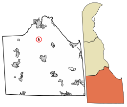 Location of Ellendale in Sussex County, Delaware (left) and of Sussex County in Delaware (right)