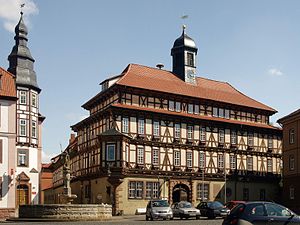 Fachwerkrathaus in Vacha, 1613/14 vom hessischen Statthalter Caspar von Wildemarkter im Stil der Renaissance erbaut.