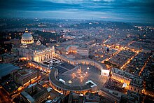 Vatican City and St. Peter's Basilica. Vatican City and St. Peter Square evening twilight aerial view.jpg