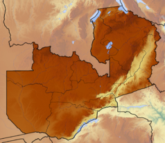 Mapa konturowa Zambii, blisko centrum na prawo u góry znajduje się owalna plamka nieco zaostrzona i wystająca na lewo w swoim dolnym rogu z opisem „Bangweulu”