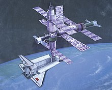 Planned Ptichka mission to Mir space station "Buran" docked to "Mir" space station.jpg