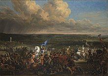 peinture représentant des soldats en armure se livrant bataille. Au centre, un rayon de soleil illumine le comte de Clermont et sa bannière à fleurs de lys.