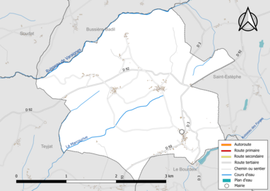 Carte en couleur présentant le réseau hydrographique de la commune