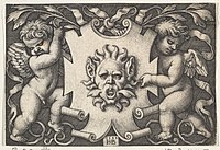 A Mask on an Escutcheon Supported by Two Genii, 1544