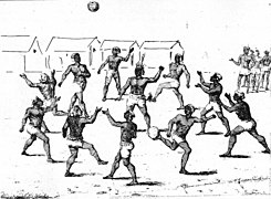 A group of indigenous people playing a ball game in French Guiana