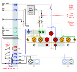 Принципна електрическа схема на система за осветление и сигнализация на автомобил (европейска система)