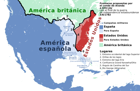 Fronteres nord-americanes proposades pel comte d'Aranda cap al final de la guerra d'Independència dels Estats Units d'Amèrica, 3 d'agost de 1782