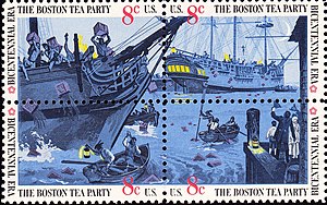 Ensemble de quatre timbres se-tenants commémorant la Boston Tea Party.