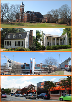 Top, left to right: Fort Hill, Tillman Hall at Clemson University, Memorial Stadium, College Avenue, Hanover House, Old Stone Church and Cemetery