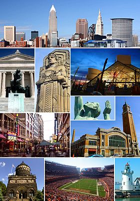 Do topo, em sentido horário: panoramado de Downtown Cleveland; o Rock and Roll Hall of Fame; estátua da Fountain of Eternal Life; o West Side Market; West Pierhead Lighthouse; FirstEnergy Stadium; o James A. Garfield Memorial; East 4th Street; entrada sul do Museu de Arte de Cleveland; e uma das oito Guardians of Traffic