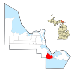 Location within Chippewa County (red) and the administered village of DeTour (pink)