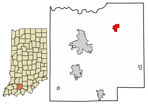 Location of Dubois in Dubois County, Indiana.