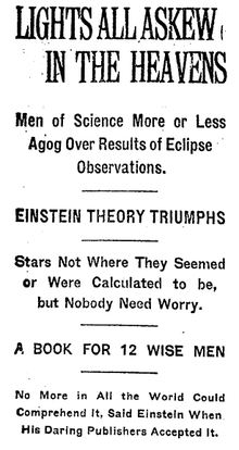 The New York Times of November 10, 1919, reported on Einstein's confirmed prediction Einstein theory triumphs.png