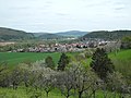 Im Bild rechts: bewaldeter Burgberg; die Burgstelle liegt etwa mittig (kleiner Einschnitt) der Waldfläche