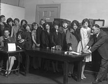 Female clerical employees of the Los Angeles Police Department being fingerprinted and photographed in 1928 Fingerprinting 1928.jpg