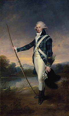 Джордж Дуглас, 16-й граф Мортон, К. Т. (1761-1827), в костюме Королевской роты лучников, с длинным луком и белой кокардой с черным плюмажем, в парке Холируд, у озера Даддингстон и Эдинбургского замка за ним. (Уильям Бичи)