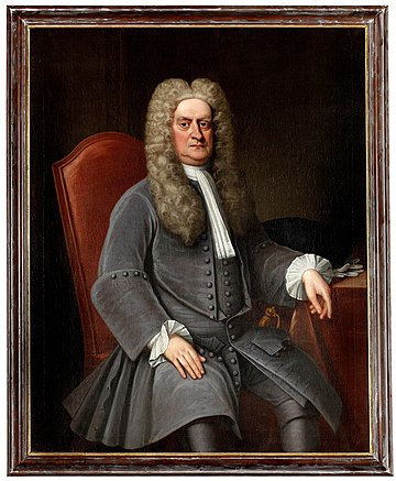 Tämä hienossa kampauksessaan istuskeleva mies on Isaac Newton, englantilainen tiedemies, joka tunnetaan mm. siitä, että hän oivalsi ja todisti 1600-luvun lopulla painovoiman olemassaolon.
