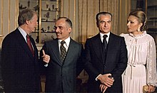 Carter standing alongside King Hussein and the Shah of Iran