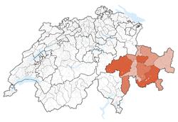 Map of Switzerland, location of کانتون گراوبوندن highlighted