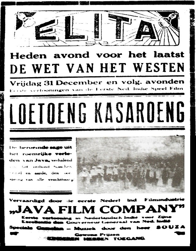 A poster with Malay-language text, reading Loetoeng Kasaroeng in large letters; an image is also visible.