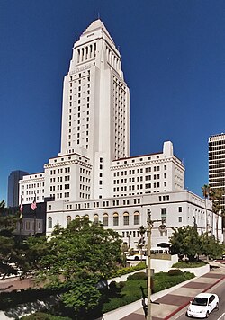 Los Angeles City Hall stands at the southern border of the Los Angeles Civic Center.