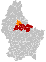 Комуна Буршайд (помаранчевий), кантон Дикірх (темно-червоний) та округ Дикірх (темно-сірий) на карті Люксембургу